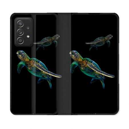 Housse Cuir Portefeuille Pour Samsung Galaxy A52 / A52S Animal Tortue Noire multicolore