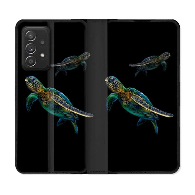 Housse Cuir Portefeuille Pour Samsung Galaxy A52 / A52S Animal Tortue Noire multicolore