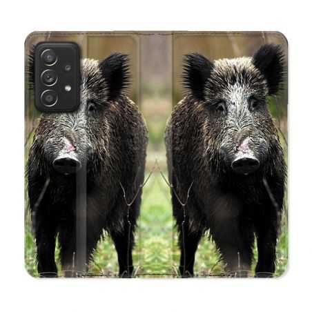 Housse Cuir Portefeuille Pour Samsung Galaxy A52 / A52S Chasse Sanglier bois