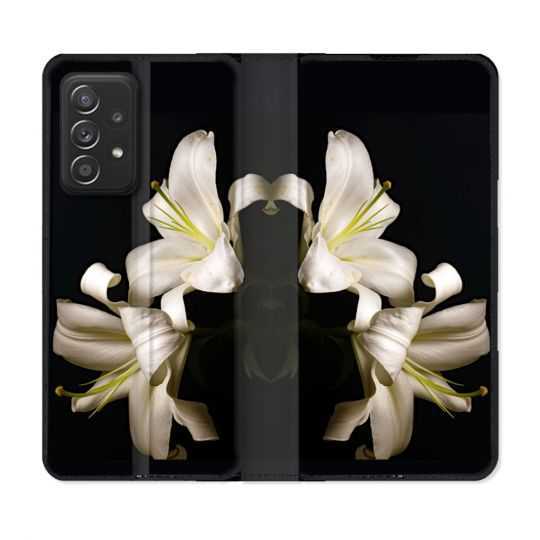 Housse Cuir Portefeuille Pour Samsung Galaxy A52 / A52S Fleur Lys Noir