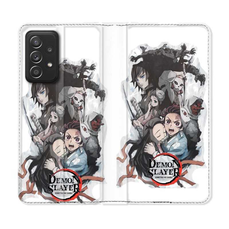 Housse Cuir Portefeuille Pour Samsung Galaxy A52 / A52S Manga Demon Slayer Blanc