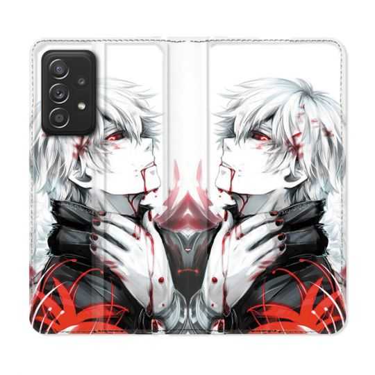 Housse Cuir Portefeuille Pour Samsung Galaxy A52 / A52S Manga Tokyo Ghoul Kaneki Blanc