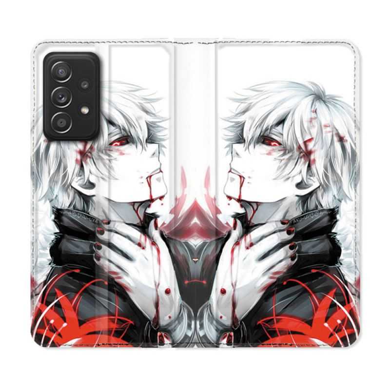 Housse Cuir Portefeuille Pour Samsung Galaxy A52 / A52S Manga Tokyo Ghoul Kaneki Blanc