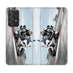 Housse Cuir Portefeuille Pour Samsung Galaxy A52 / A52S Moto Course GP Blanche