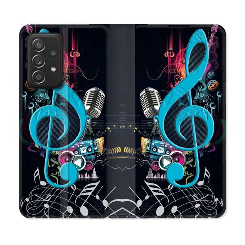 Housse Cuir Portefeuille Pour Samsung Galaxy A52 / A52S Musique Cle Sol Bleu