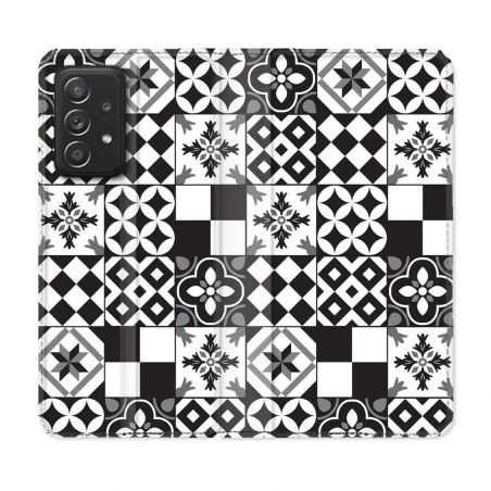 Housse Cuir Portefeuille Pour Samsung Galaxy A52 / A52S Texture Carreau Ciment Noir