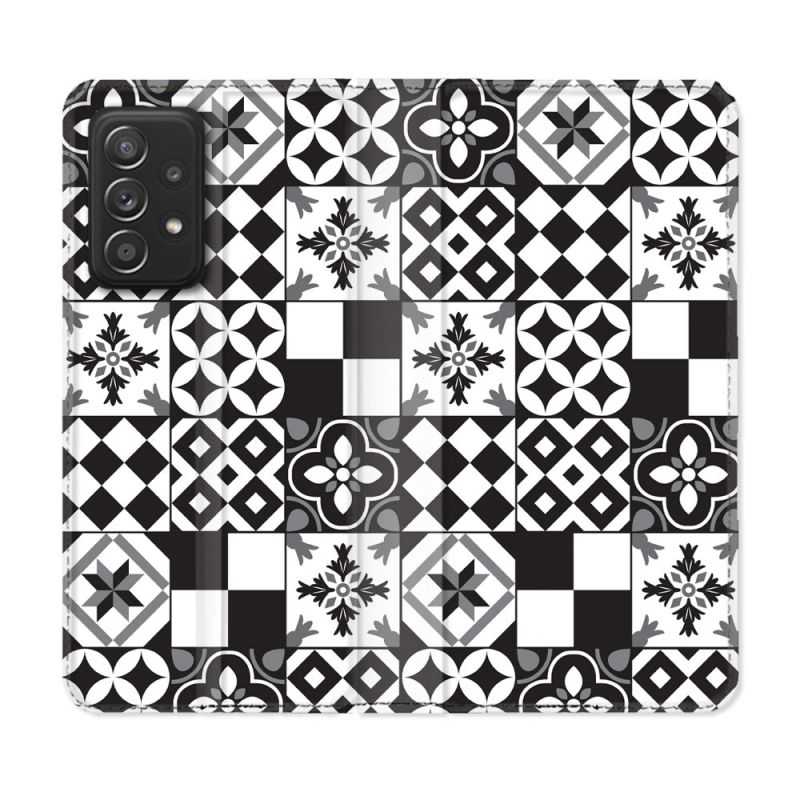 Housse Cuir Portefeuille Pour Samsung Galaxy A52 / A52S Texture Carreau Ciment Noir