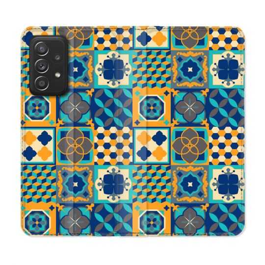 Housse Cuir Portefeuille Pour Samsung Galaxy A52 / A52S Texture Carreau Ciment Orange