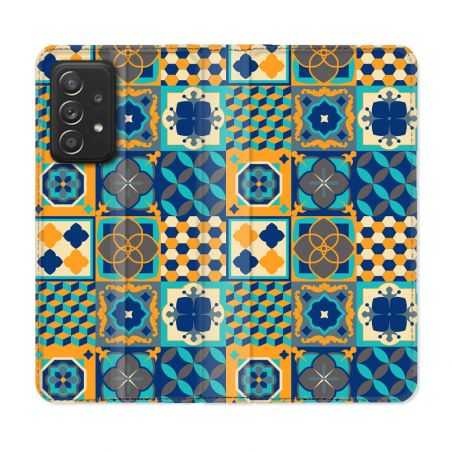 Housse Cuir Portefeuille Pour Samsung Galaxy A52 / A52S Texture Carreau Ciment Orange