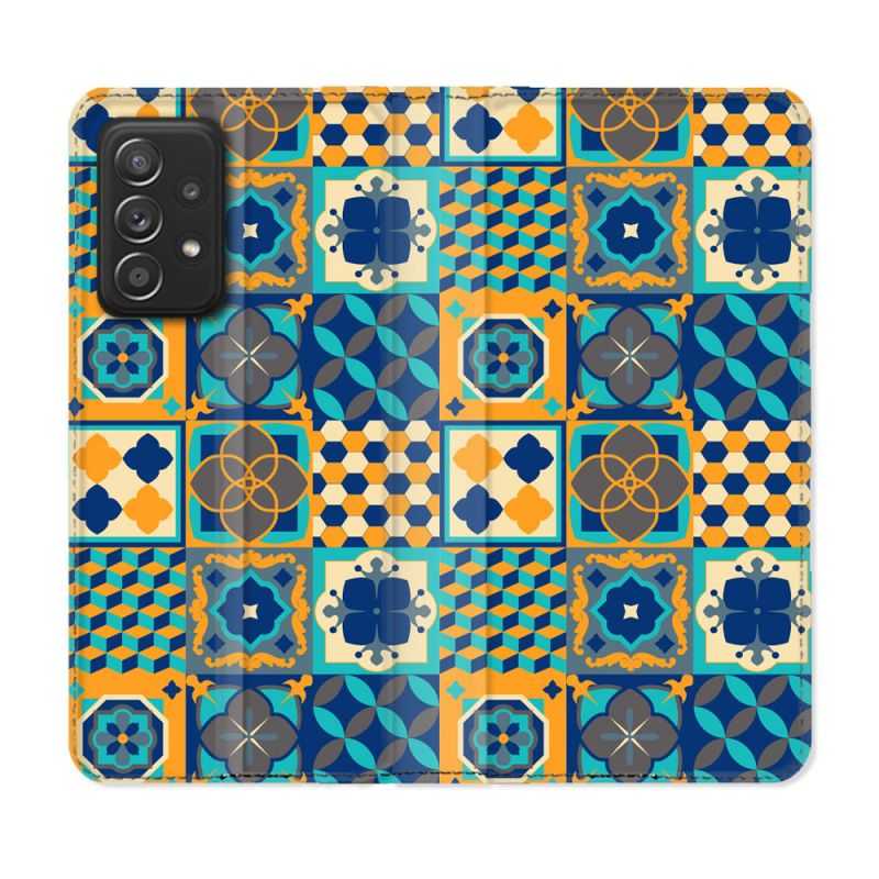Housse Cuir Portefeuille Pour Samsung Galaxy A52 / A52S Texture Carreau Ciment Orange