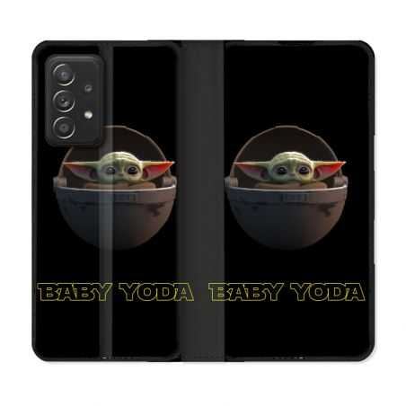 Housse Cuir Portefeuille Pour Samsung Galaxy A52 / A52S Star Wars - Yoda bebe noir