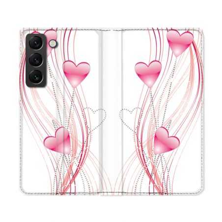 Housse Cuir Portefeuille Pour Samsung Galaxy S22 Ultra Amour Coeur Rose Montant sur Blanc