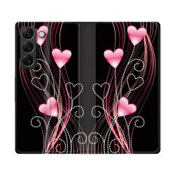 Housse Cuir Portefeuille Pour Samsung Galaxy S22 Ultra Amour Coeur Rose Montant sur Noir