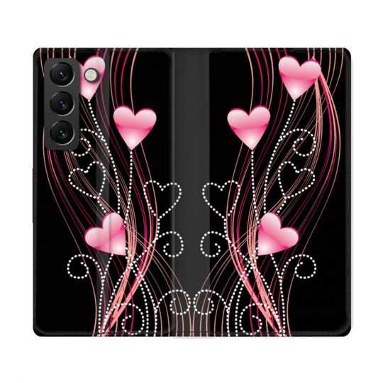 Housse Cuir Portefeuille Pour Samsung Galaxy S22 Ultra Amour Coeur Rose Montant sur Noir