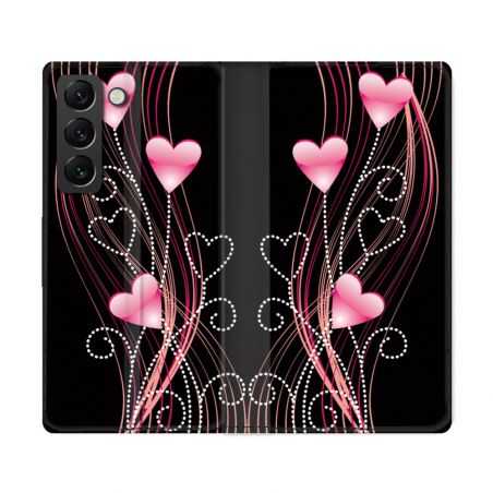 Housse Cuir Portefeuille Pour Samsung Galaxy S22 Ultra Amour Coeur Rose Montant sur Noir