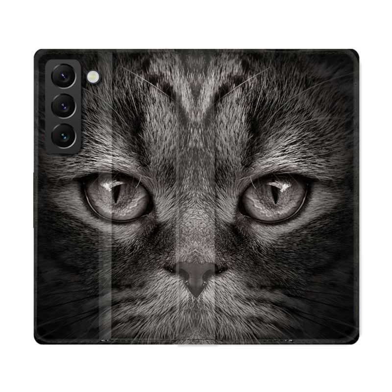 Housse Cuir Portefeuille Pour Samsung Galaxy S22 Ultra Animal Chat Gris