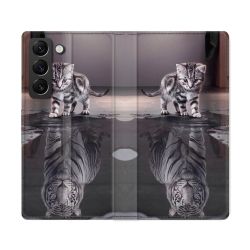 Housse Cuir Portefeuille Pour Samsung Galaxy S22 Ultra Animal Chat Reflet