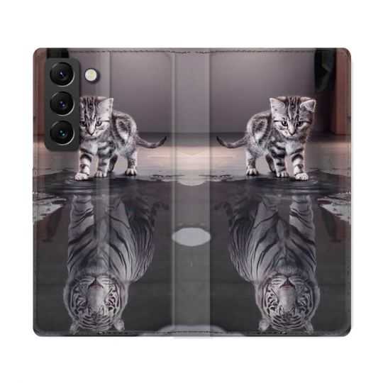 Housse Cuir Portefeuille Pour Samsung Galaxy S22 Ultra Animal Chat Reflet