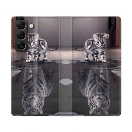 Housse Cuir Portefeuille Pour Samsung Galaxy S22 Ultra Animal Chat Reflet