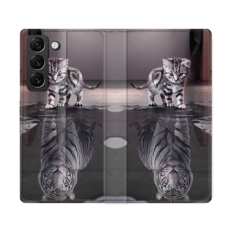 Housse Cuir Portefeuille Pour Samsung Galaxy S22 Ultra Animal Chat Reflet