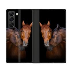 Housse Cuir Portefeuille Pour Samsung Galaxy S22 Ultra Animal Cheval Marron