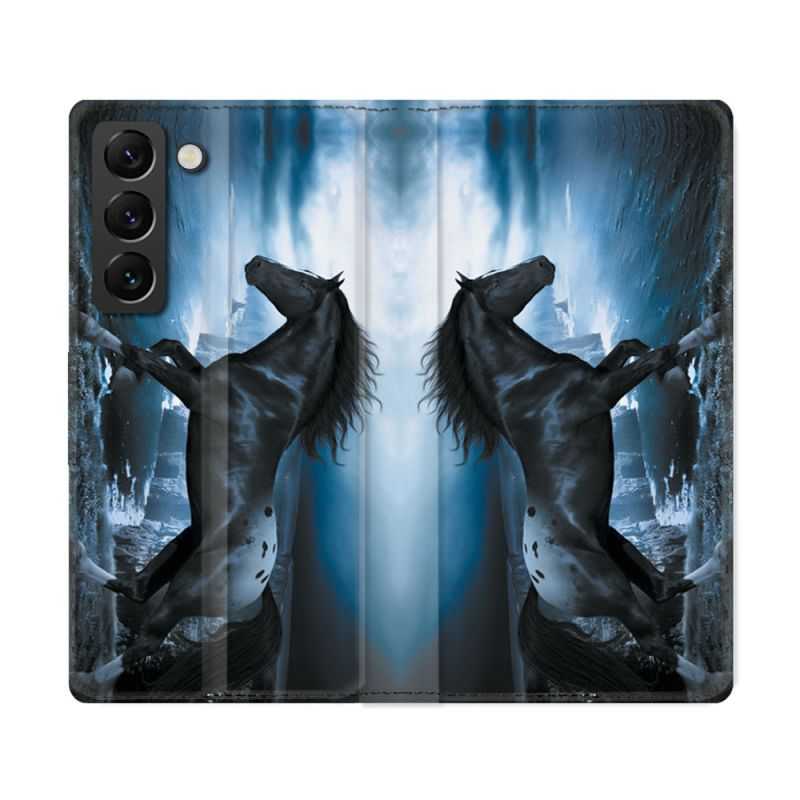 Housse Cuir Portefeuille Pour Samsung Galaxy S22 Ultra Animal Cheval Noir