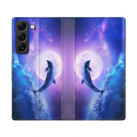 Housse Cuir Portefeuille Pour Samsung Galaxy S22 Ultra Animal Dauphin Vague