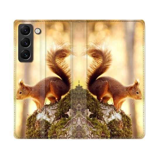 Housse Cuir Portefeuille Pour Samsung Galaxy S22 Ultra Animal Ecureuil Bois