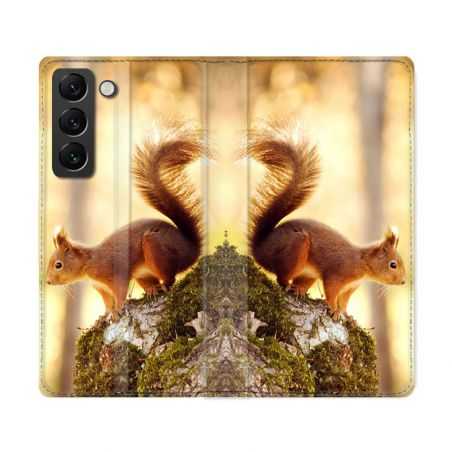 Housse Cuir Portefeuille Pour Samsung Galaxy S22 Ultra Animal Ecureuil Bois
