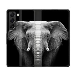 Housse Cuir Portefeuille Pour Samsung Galaxy S22 Ultra Animal Elephant Noir