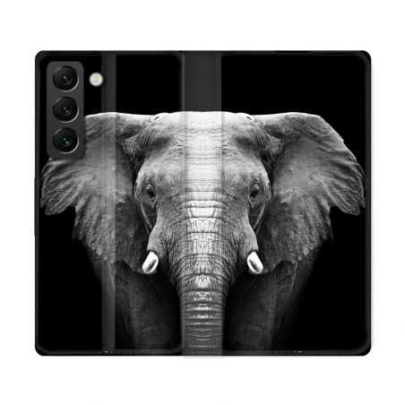 Housse Cuir Portefeuille Pour Samsung Galaxy S22 Ultra Animal Elephant Noir