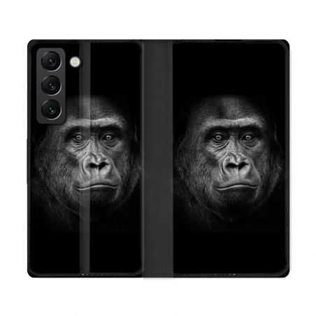 Housse Cuir Portefeuille Pour Samsung Galaxy S22 Ultra Animal Gorille Noir