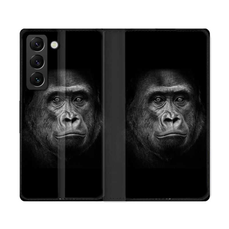Housse Cuir Portefeuille Pour Samsung Galaxy S22 Ultra Animal Gorille Noir