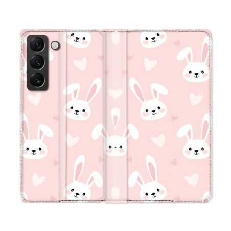 Housse Cuir Portefeuille Pour Samsung Galaxy S22 Ultra Animal Lapin Rose