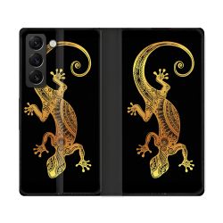 Housse Cuir Portefeuille Pour Samsung Galaxy S22 Ultra Animal Lezard Noir