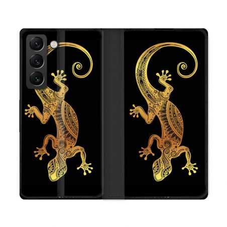 Housse Cuir Portefeuille Pour Samsung Galaxy S22 Ultra Animal Lezard Noir