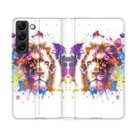 Housse Cuir Portefeuille Pour Samsung Galaxy S22 Ultra Animal Lion Tag