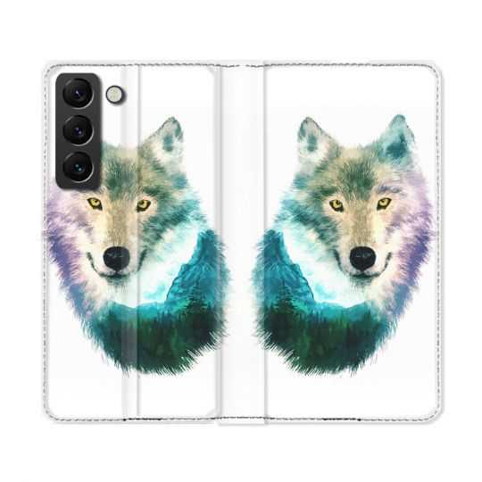 Housse Cuir Portefeuille Pour Samsung Galaxy S22 Ultra Animal Loup Montagne