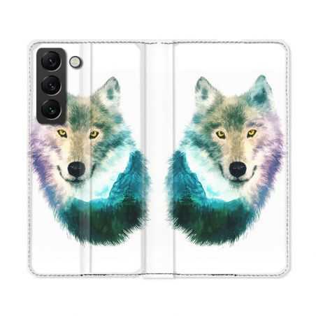 Housse Cuir Portefeuille Pour Samsung Galaxy S22 Ultra Animal Loup Montagne