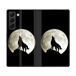 Housse Cuir Portefeuille Pour Samsung Galaxy S22 Ultra Animal Loup Noir
