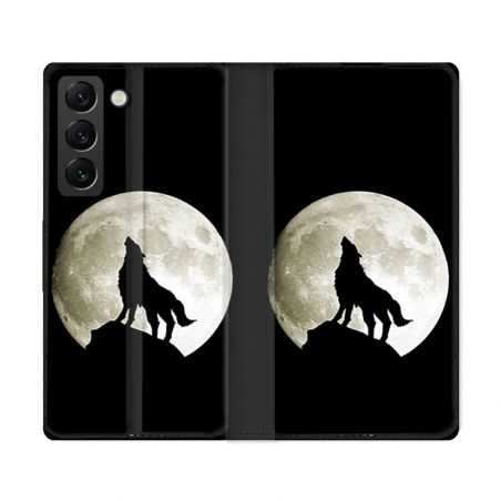 Housse Cuir Portefeuille Pour Samsung Galaxy S22 Ultra Animal Loup Noir