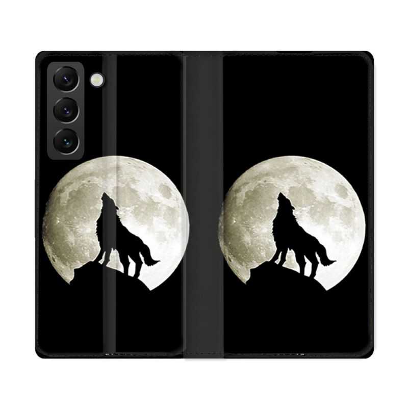 Housse Cuir Portefeuille Pour Samsung Galaxy S22 Ultra Animal Loup Noir