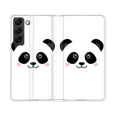 Housse Cuir Portefeuille Pour Samsung Galaxy S22 Ultra Animal Panda Blanc