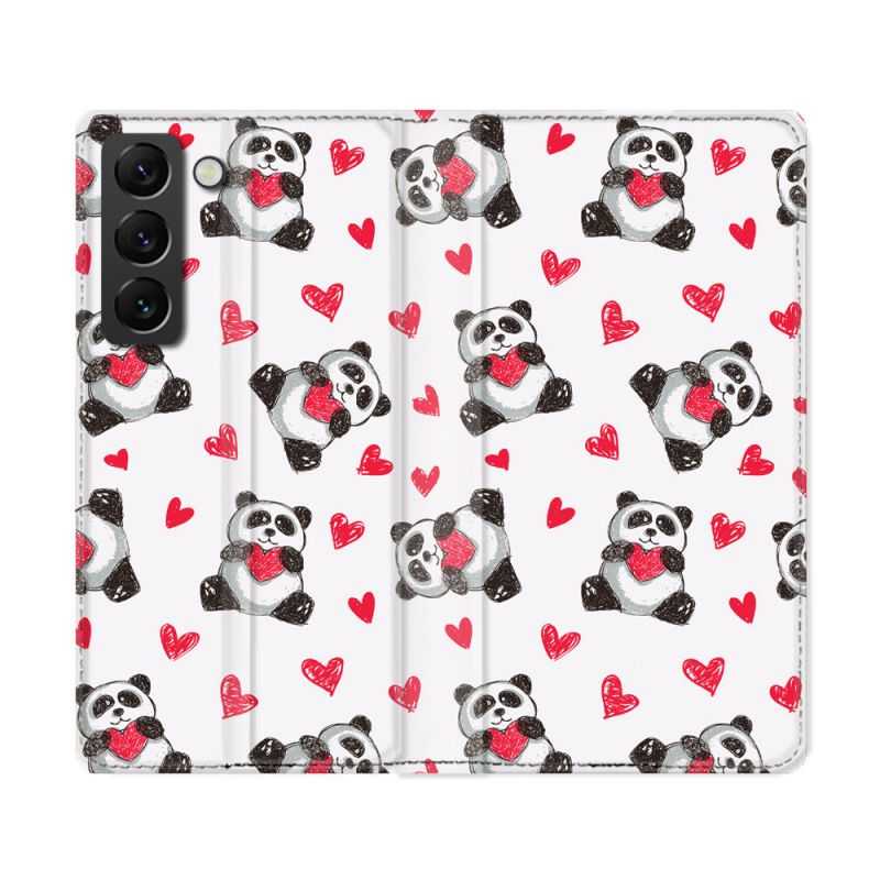 Housse Cuir Portefeuille Pour Samsung Galaxy S22 Ultra Animal Panda Cœur