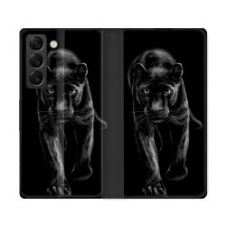 Housse Cuir Portefeuille Pour Samsung Galaxy S22 Ultra Animal Panthère Noire