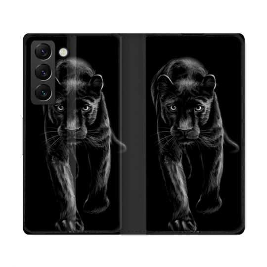 Housse Cuir Portefeuille Pour Samsung Galaxy S22 Ultra Animal Panthère Noire