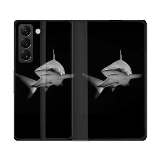 Housse Cuir Portefeuille Pour Samsung Galaxy S22 Ultra Animal Requin Sombre