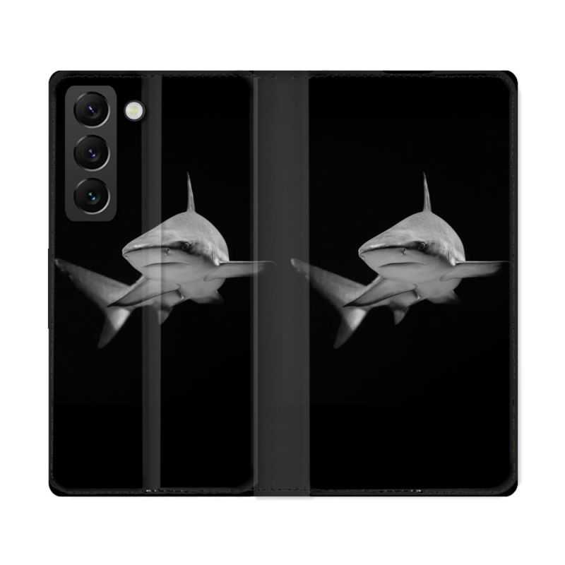 Housse Cuir Portefeuille Pour Samsung Galaxy S22 Ultra Animal Requin Sombre