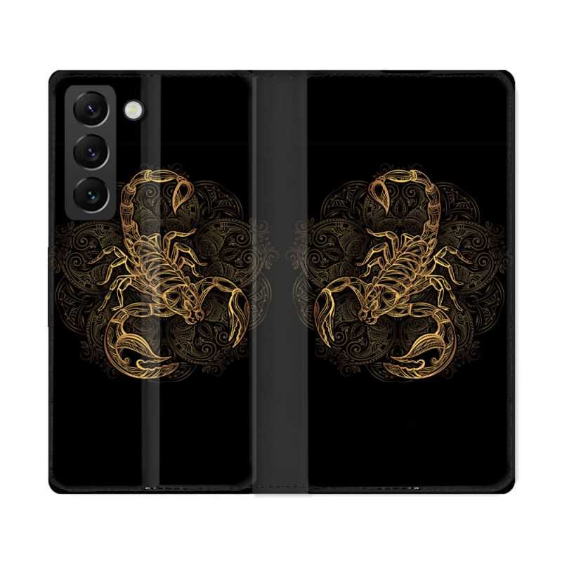 Housse Cuir Portefeuille Pour Samsung Galaxy S22 Ultra Animal Scorpion Fresque