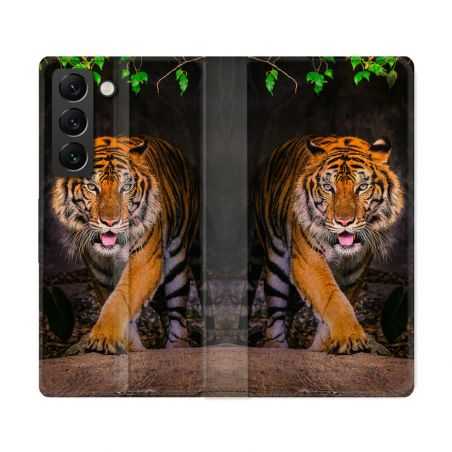 Housse Cuir Portefeuille Pour Samsung Galaxy S22 Ultra Animal Tigre Jungle